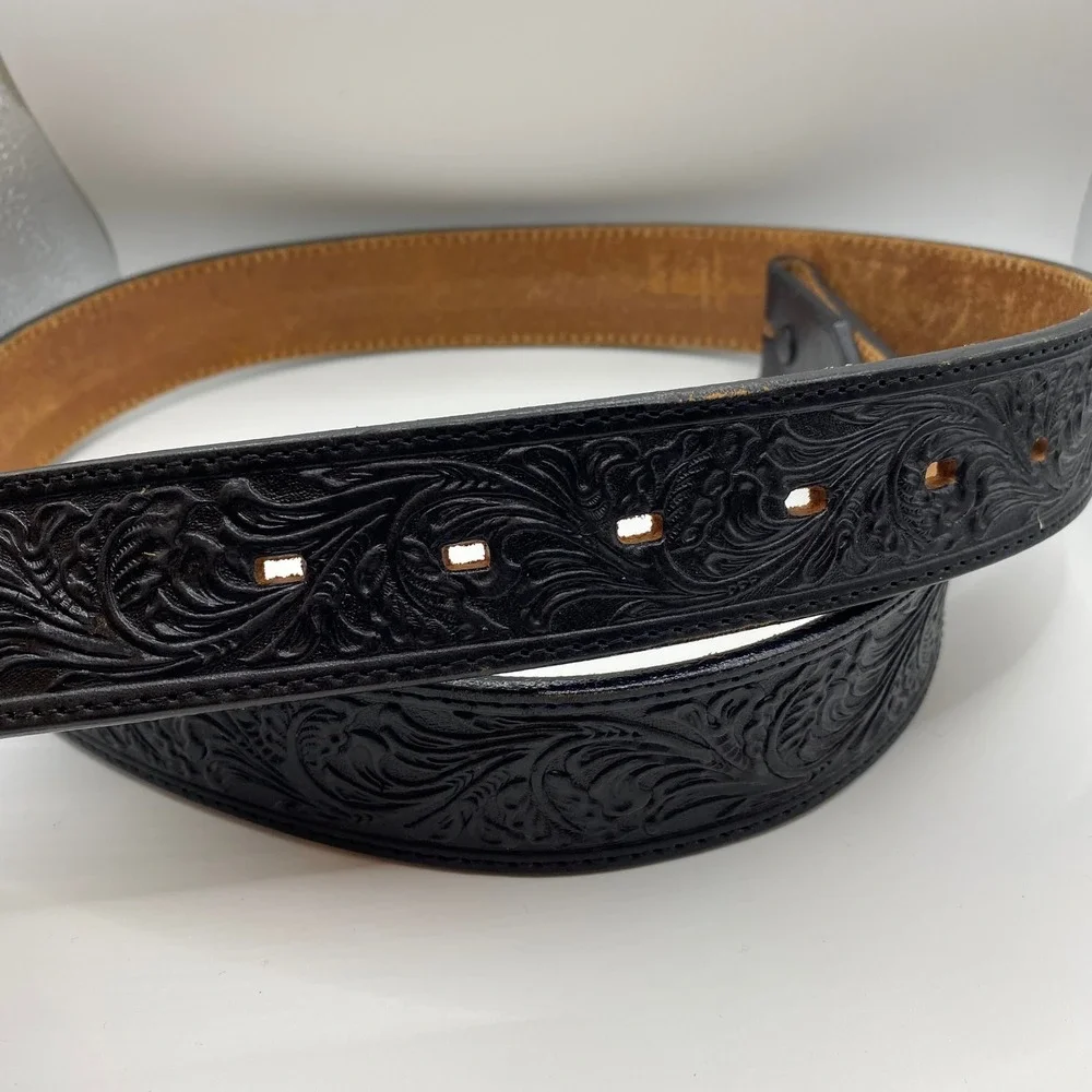 Justin Belt Mens 38 Black 242BK Western Floral Tooled Top Grain Cowhide USA Made
